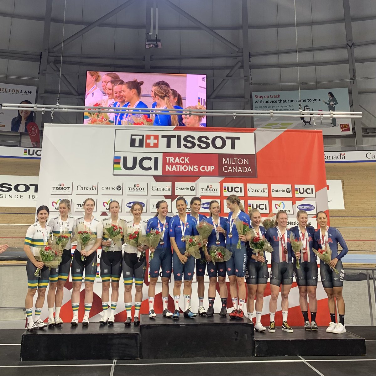 Womens Team Pursuit claim the first medals of #TissotNationsCup!

🥇 Italy
🥈 Australia 
🥉USA