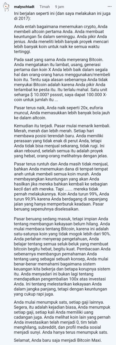 aadbitcoin's tweet image. Utk angkatan 2020-2021 atau bahkan br bgt msk, ini menarik dibaca.. Ada alesannya knp bbrp org cm bahas Bitcoin, ada perjalanan pemahamannya. Auto translate google nih, ga sempurna tp msh ketangkep lah ceritanya gmana.. 

Kalian ndiri udh di fase mana? 

reddit.com/r/CryptoCurren…