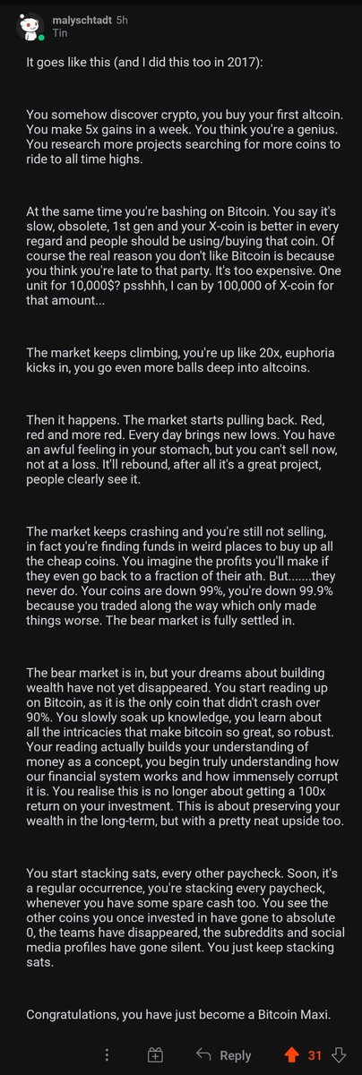 aadbitcoin's tweet image. Utk angkatan 2020-2021 atau bahkan br bgt msk, ini menarik dibaca.. Ada alesannya knp bbrp org cm bahas Bitcoin, ada perjalanan pemahamannya. Auto translate google nih, ga sempurna tp msh ketangkep lah ceritanya gmana.. 

Kalian ndiri udh di fase mana? 

reddit.com/r/CryptoCurren…