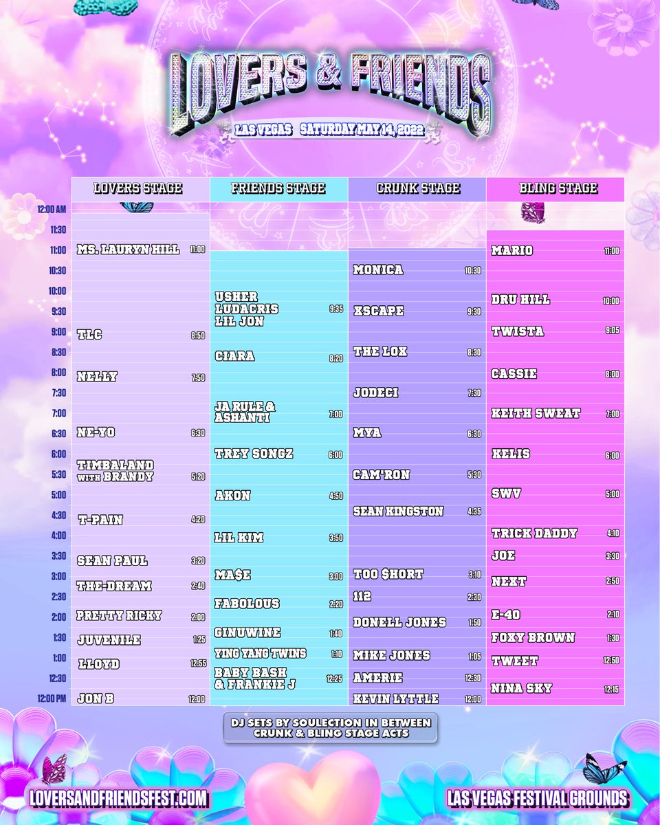 lvrsnfrndsfest's tweet photo. LOVERS &amp; FRIENDS SET TIMES FOR SATURDAY AND SUNDAY 🦋

UPDATES:
💜 E-40 has been added to Saturday
💜Eve can’t make it due to maternity leave 
💜Fat Joe will only be appearing on Sunday due to a family obligation
💜Trina will only be appearing Sunday due to a scheduling conflict https://t.co/3L4GqniuDv