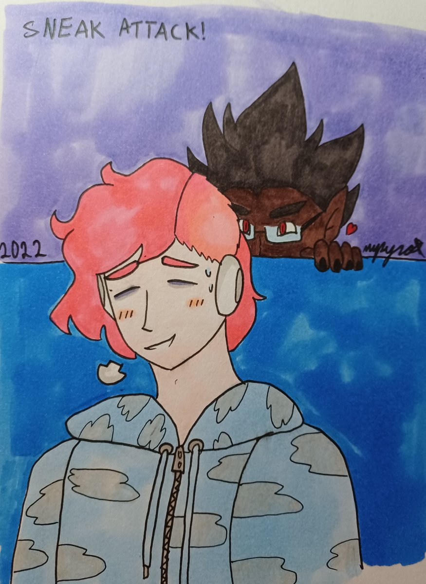 Dawn is sitting on a couch. He has eyebags and looks exhausted. Pitch is hiding behind the couch, clearly with mischievous intent.