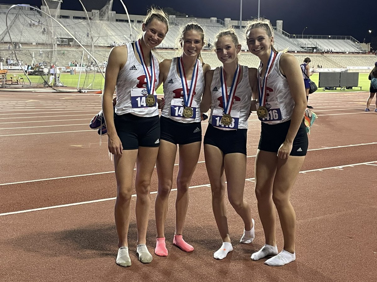 FredTrack's tweet photo. #FbgGTrack22 4x400 team (freshman Ava Stuewe, sophomore Taylor Grona, sophomore Ann Claire Cop, sophomore Liepa Motiejunaite) finish 3rd at the UIL State 4A Track Meet. #Strive https://t.co/YMVKKHwe0m