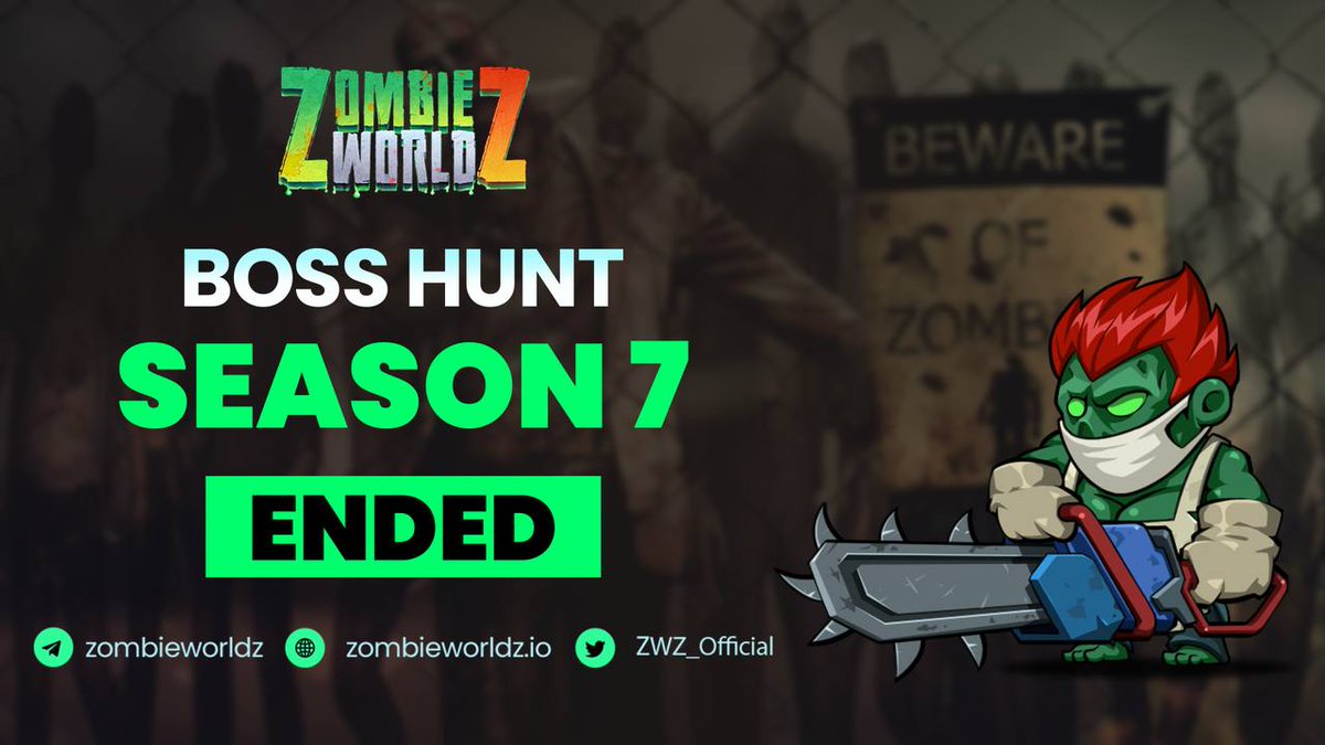 BOSS HUNT SEASON 7 ENDED

We will collect the data and announce the ranking list after a few hours 💖

🏆 As previously announced, the reward will be distributed to TOP 150. Heroes get rewards based on their finishing rank.

👉 More details of rewards zombieworldz.substack.com/p/specific-upd….