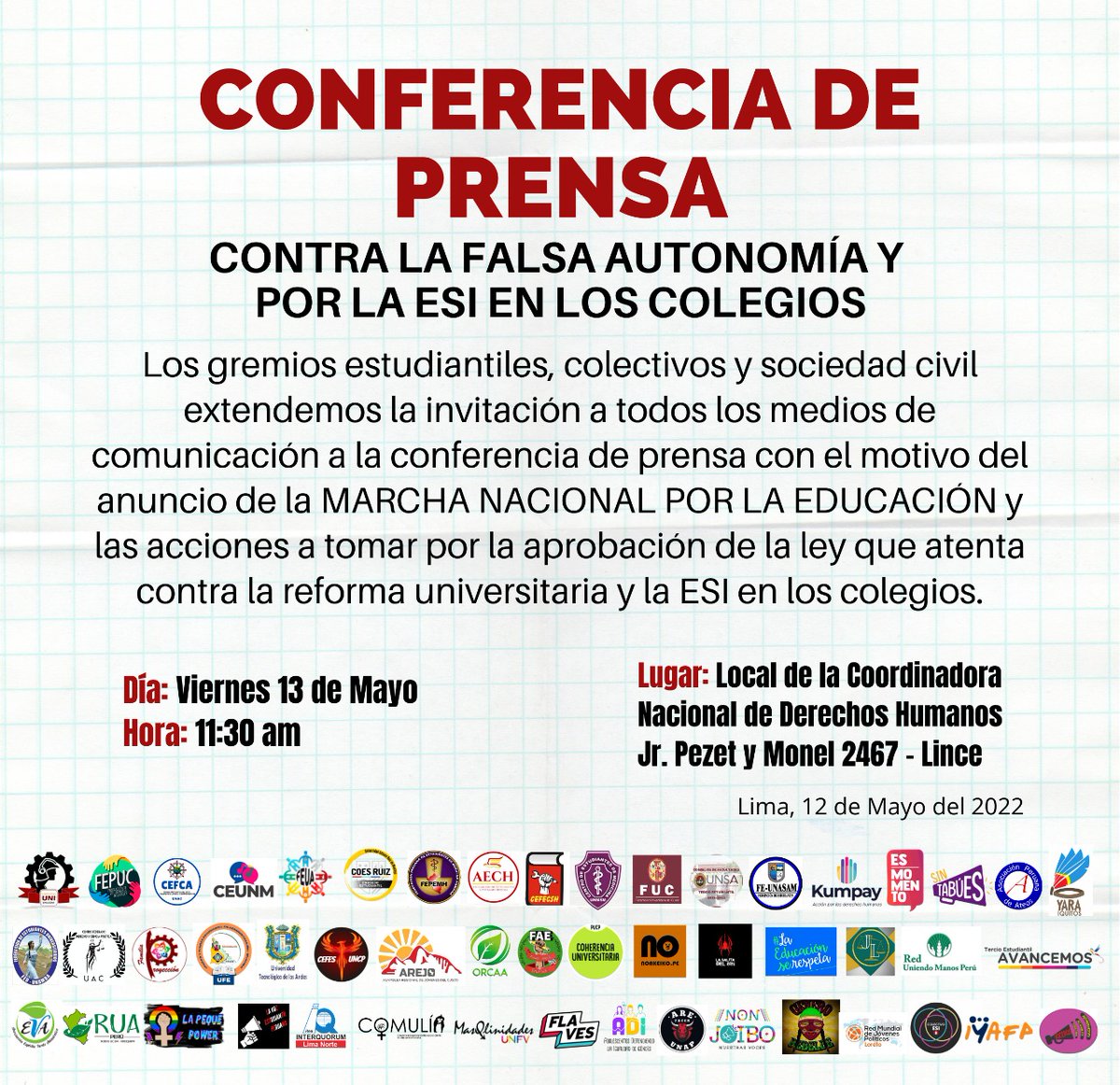 FlorPabloMedina's tweet photo. La #MarchaPorLaEducacion es de los jóvenes que alzarán su voz para defender su futuro y una educación de calidad. 

Mañana VIERNES 13 de mayo a las 11:30 a.m. darán una conferencia de prensa en el local de la @cnddhh, previa a las manifestaciones en varias regiones del país 💪🏽 https://t.co/IRdHi3oNgd