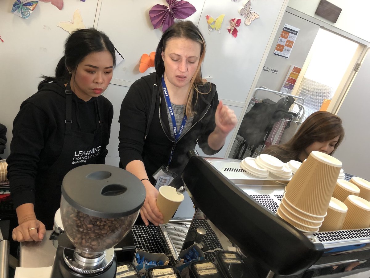 AdultLearningAu's tweet photo. The great thing about the Perks Coffee project at #HackhamWest is that people who've been through the training come back to work as volunteers at community events. Our CEO @JennyMacaffer met with inspiring learners Jade, Janet and Alyssa this week. #LearningChangesLives https://t.co/7K4UWEgygF