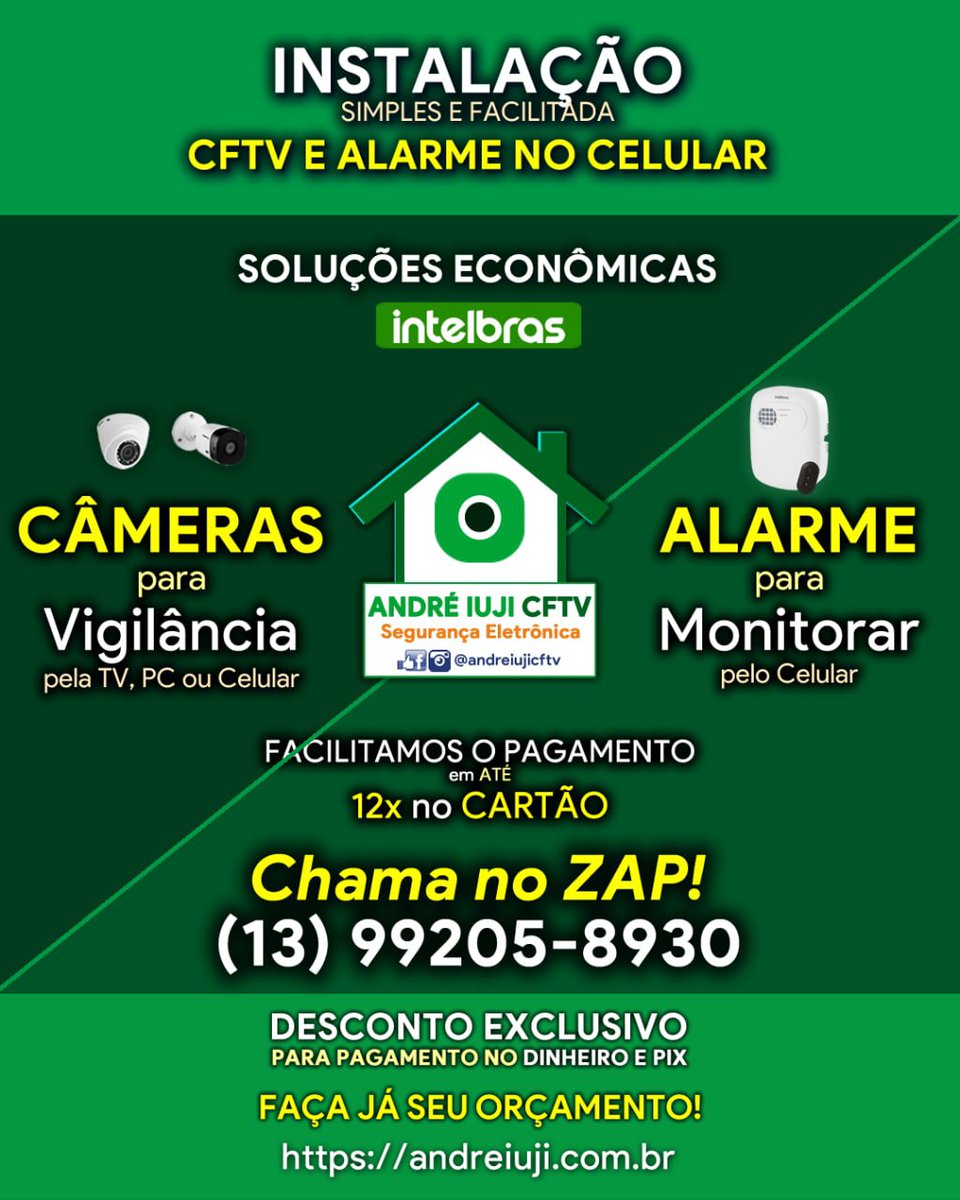 andreiuji's tweet photo. SOLUÇÕES ECONÔMICAS para Segurança Residencial e Comércios em geral de Praia Grande e todo Litoral Paulista SP

CÂMERAS para vigilância 24 horas e ALARMES para Monitorar pelo Celular. Serviços de INFORMÁTICA, Rede e fornecimento de equipamentos Intelbras!
 
LIGUE: (13) 99205-8930 https://t.co/8fmnIfZ3UC