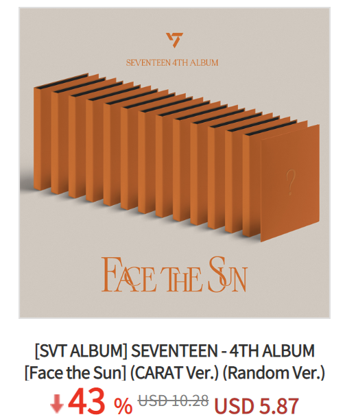 Ktown4u_main's tweet photo. KTOWN4U X  SEVENTEEN FAN UNION

💽 SEVENTEEN - 4TH ALBUM [Face the Sun] (CARAT Ver.) (Random Ver.)

💗 Sign up👉https://t.co/9WkcwZJWVr
💗 40 % OFF👉https://t.co/sn7DnuurlG

🧡Meet the CARAT Ver. under $6 https://t.co/SE470Z5Brv