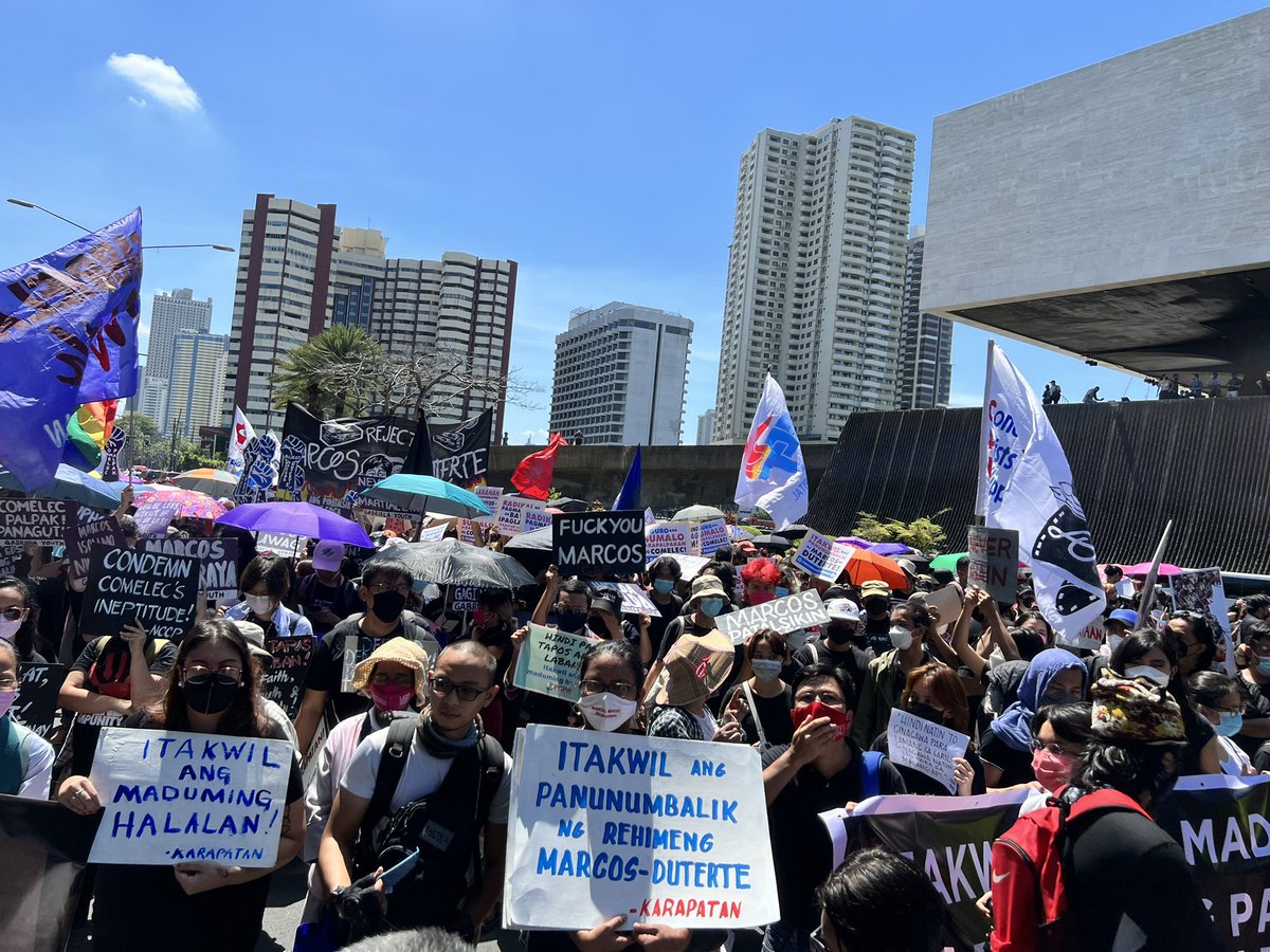 natoreyes's tweet photo. Various sectors converge at the Cultural Center of the Philippines to protest election irregularities and to reject the continuation of tyranny. #NoToMarcosDuterte2022 https://t.co/IFcNl4SNEA