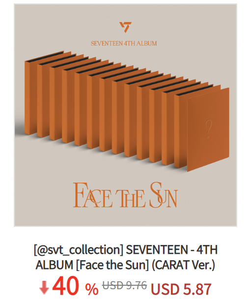 Ktown4u_main's tweet photo. KTOWN4U X  @svt_collection

💽 SEVENTEEN - 4TH ALBUM [Face the Sun] (CARAT Ver.) (Random Ver.)

💗 Sign up👉https://t.co/9WkcwZJWVr
💗 40 % OFF👉https://t.co/YM2HGKxT12

🧡Meet the CARAT Ver. under $6 https://t.co/ylJAgPSnaG