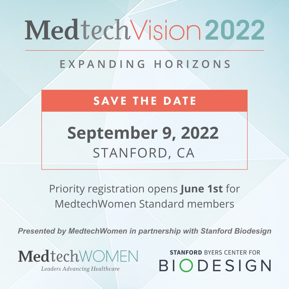 SAVE THE DATE for MedtechVision 2022 Expanding Horizons and the 10th Anniversary celebration of MedtechWomen’s annual premier event! 
 
Registration opens June 1 for MedtechWomen Standard Members so join TODAY to get priority registration. lnkd.in/gkHJSnG9