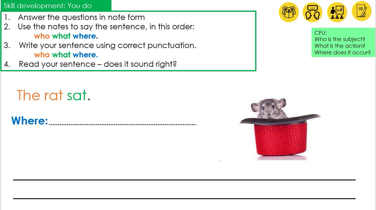 SerpentinePS's tweet photo. #SyntaxProject2022 update! We are creating a series of editable sentence generation &amp; expansion slides for Foundation/PP students. There are two formats -  writing (using decodable text) and oral (using richer vocabulary). Have a look at these snippets created by @Jasmyn_K_Hall https://t.co/STgCmpN2VT