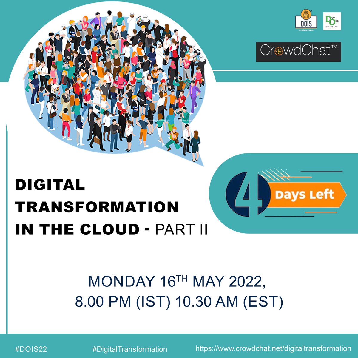 DevOpsIS's tweet photo. Four More Days to go-Participate and be an audience in the discussion on how DevOps plays a role in human-centric of technology, enrol:https://t.co/5x5o83EYG8
#digitaltransformation #cloud #ai #ml #devops #devsecops #sitereliabilityengineering#dataops #mlops #crowdchat #dois22 https://t.co/r6HlW9yKkw