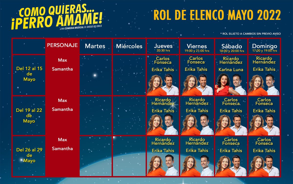 Hoy Comienza la diversión del fin de semana con  <a href="/CarlosFonsecaOf/">Carlos Fonseca</a> <a href="/_ricardosoy/">Ricardo Ache</a> y <a href="/Erikatahis/">Erika Tahis</a> en <a href="/PerroAmameMx/">Como Quieras Perro Ámame</a> ¡No Puedes Faltar!
🗓 Jueves 8:30PM
🗓 Viernes 7 y 9PM
🗓 Sábado 6 y 8PM 
🗓 Domingo 5 y 7PM 
Boletos 🎟
bit.ly/BoletosPerro