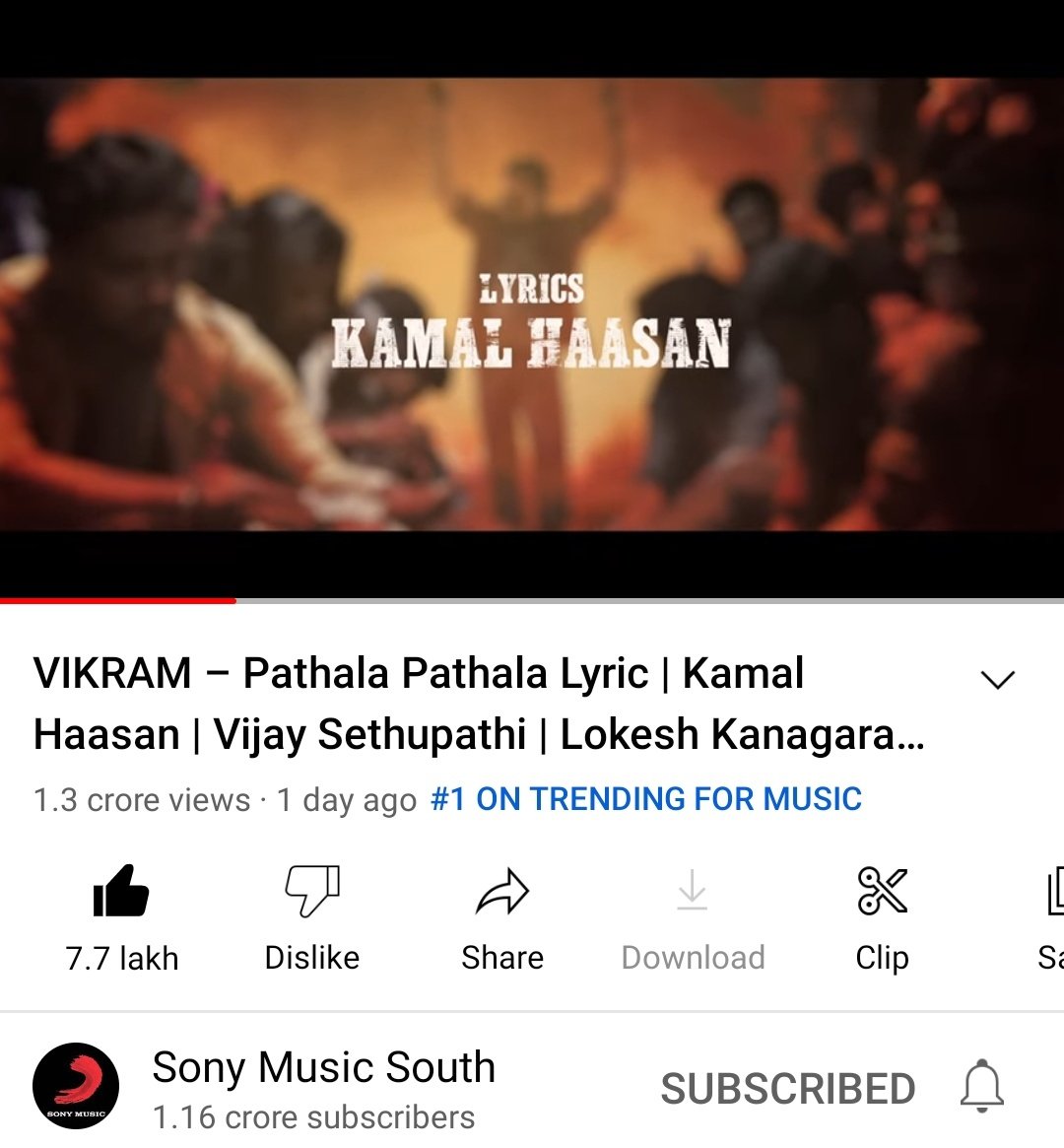 #VikramFirstSingle 
#VikramFromJune3 
trending இல் முதலிடத்தைப் பெற்றுள்ளது குறிப்பிடத்தக்கது 
13m views மற்றும் 770 k likes இது வரை பெற்றுள்ளது இதுவே மிகப் பெரிய வெற்றி தான் இன்னும் ஒரு  நம்பர் கும்பல் எதோ குறைகளை சொல்லிக்கொண்டே வருகிறது யாரும் கண்டுபிடிக்கவில்லை