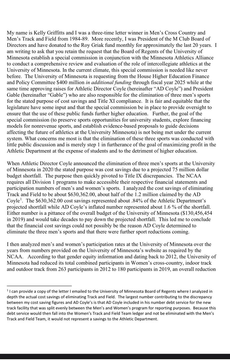 UmnMen's tweet photo. A heckuva letter submitted as written testimony by track alumnus Kelly Griffitts to the higher Ed #mnleg conference committee. It’s spicy. Enjoy.
#savegopherTF https://t.co/btC6NM4PmI