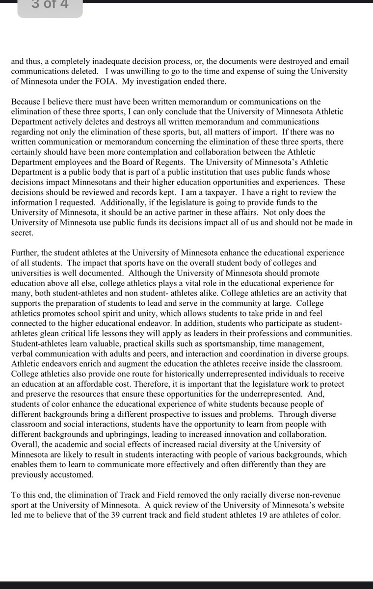UmnMen's tweet photo. A heckuva letter submitted as written testimony by track alumnus Kelly Griffitts to the higher Ed #mnleg conference committee. It’s spicy. Enjoy.
#savegopherTF https://t.co/btC6NM4PmI