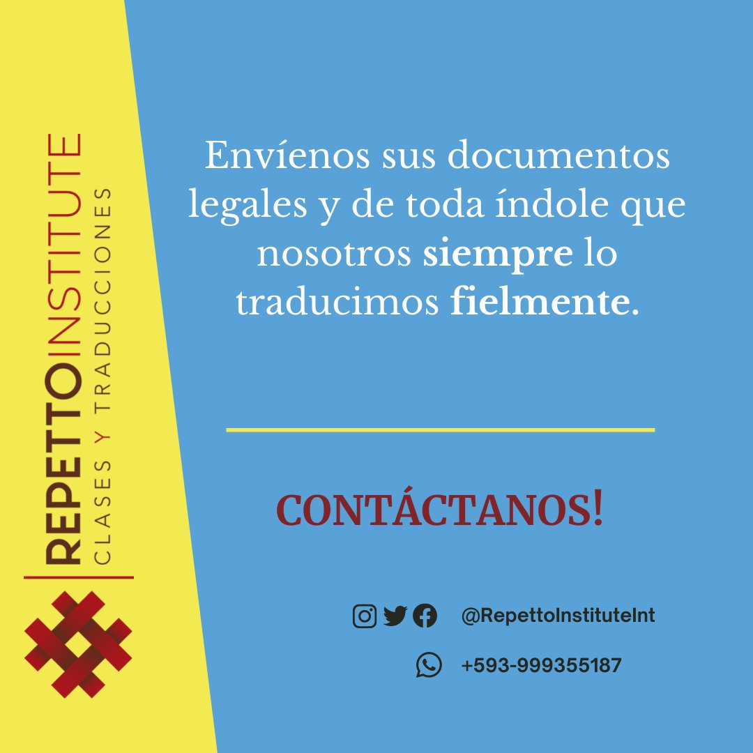 RepettoInst's tweet photo. Realizamos todo tipo de traducciones en inglés, italiano, francés y español. 🇺🇸 🇮🇹 🇫🇷 🇪🇨

Ofrecemos la más alta calidad 💯 y velocidad 💨 en el mercado.

Contáctanos! 🕝

Link de WhatsApp en bio.

#clasesonline #repettoinstitute #traducción #interpretación #clasesdeinglés https://t.co/2NaTldjapH