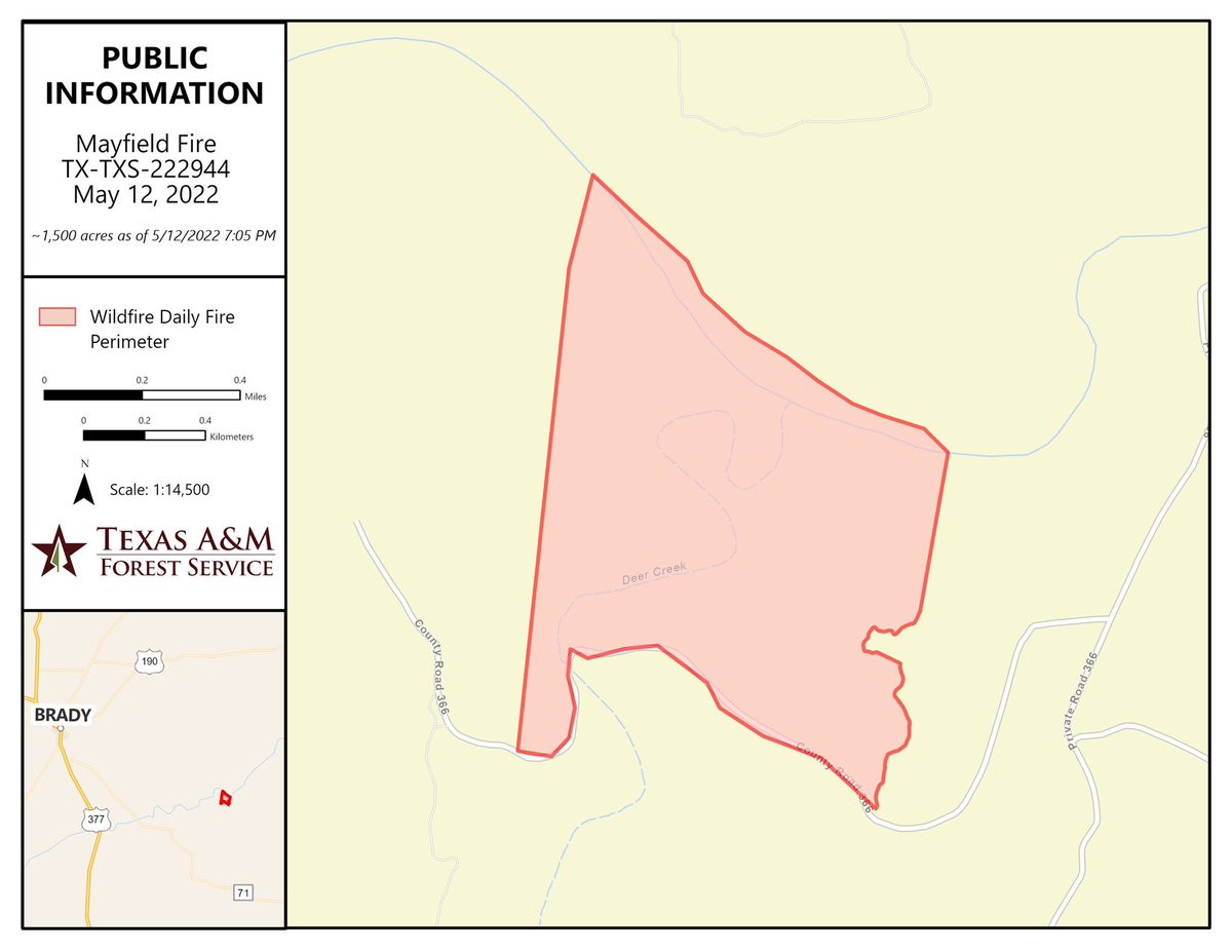 AllHazardsTFS's tweet photo. Public information map for the #MayfieldFire in San Saba County showing an estimated 1,500 acres as of May 12, 2022. This is a preliminary perimeter and is subject to change. https://t.co/GitQJo0pz7
