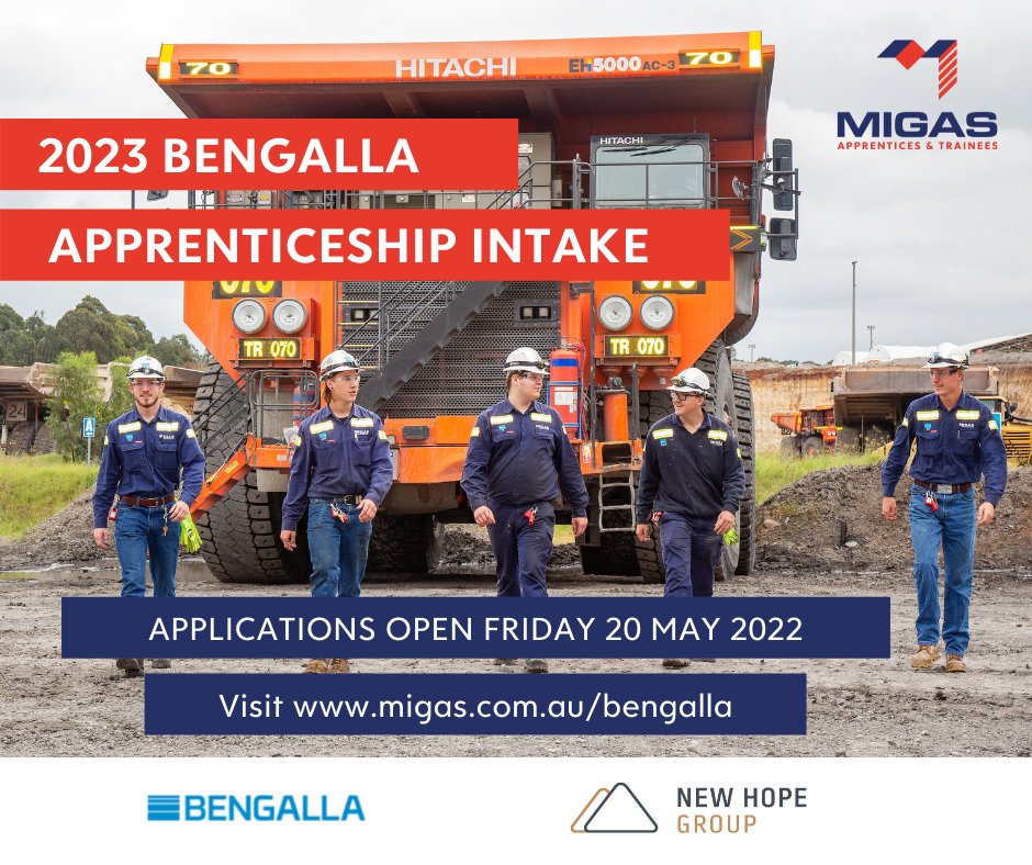 MIGASApprentice's tweet image. ‼ OPENING SOON ‼ MIGAS Apprentices &amp;amp; Trainees and Bengalla Mining are searching enthusiastic apprentices. Applications for Electrical Apprenticeships and Plant Mechanic Apprenticeships open on Friday 20 May 2022!

For more information visit migas.com.au/bengalla