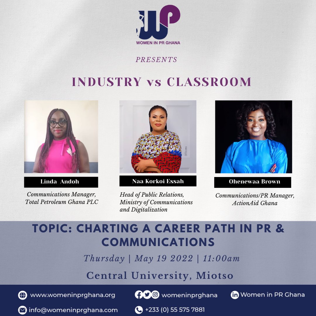 johnawuni's tweet photo. Women in PR Classroom series begins this month with the Department of Languages &amp; Communications, Central University.

Some of our Ladies;
@Lind_Andoh 
@naa_essah 
@ohenewaa_brown 

will share nuggets on “Charting a Career Path in PR &amp; Communications” https://t.co/2RpN6yKLEY