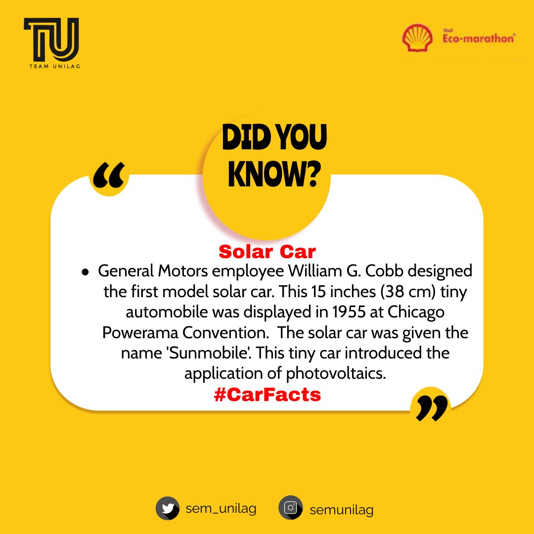 sem_unilag's tweet photo. Did you know that Solar Cars are Fascinating and have a great history. 🤔🤔

Do you think we'll have more solar cars in future?🤔🤔🤔

#ShellEcoMarathon
#Makethefuture
#solarenergy 
#unilag https://t.co/TDgK3TpHCB