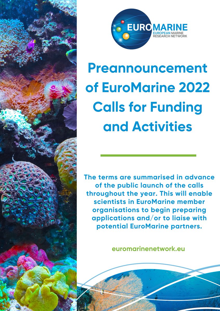 Euromarine_tw's tweet photo. ❗Preannouncement of EuroMarine 2022 Calls for Funding and Activities
The terms of the 2022 calls were outlined by the Steering Committee. The terms are summarised in advance of the public launch of the calls throughout the year. 
Find out more here!👇
https://t.co/jYRVU1wvIN https://t.co/gkEEOGf0Da