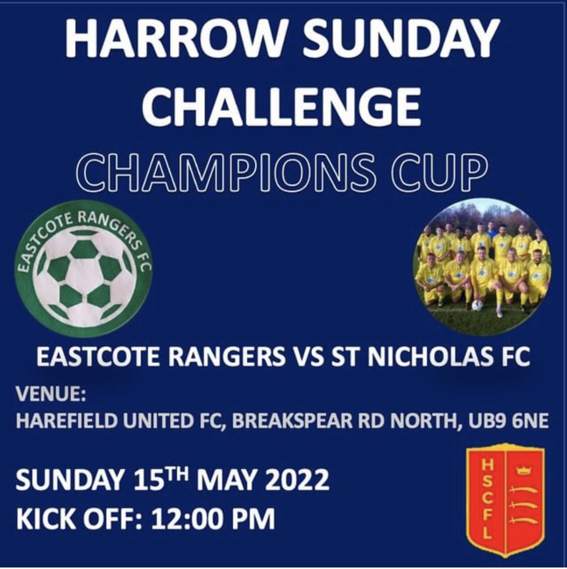 HarrowSunday's tweet photo. Our next cup final sees Div 1 side @EastcoteRangers take on Div 2 side @StNicholasFC_ in the Champions Cup. Can Eastcote Rangers add another to their trophy candidate after success in the Whytlaw Trophy last year or can St Nicholas take the Cup? Join us on Sunday to find out. https://t.co/TIyPArzePA