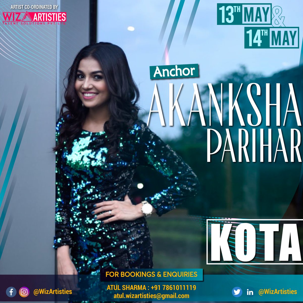 WizArtisties's tweet photo. The super charming anchor #AkankshaParihar is all set to Host 3 events in Kota on 13th and 14th May. 

#akankshaparihar #anchor #host #hostingevent #live #talent #artist  #artistmanagement #artistmanager #WizArtisties https://t.co/4OOpmfqbe0