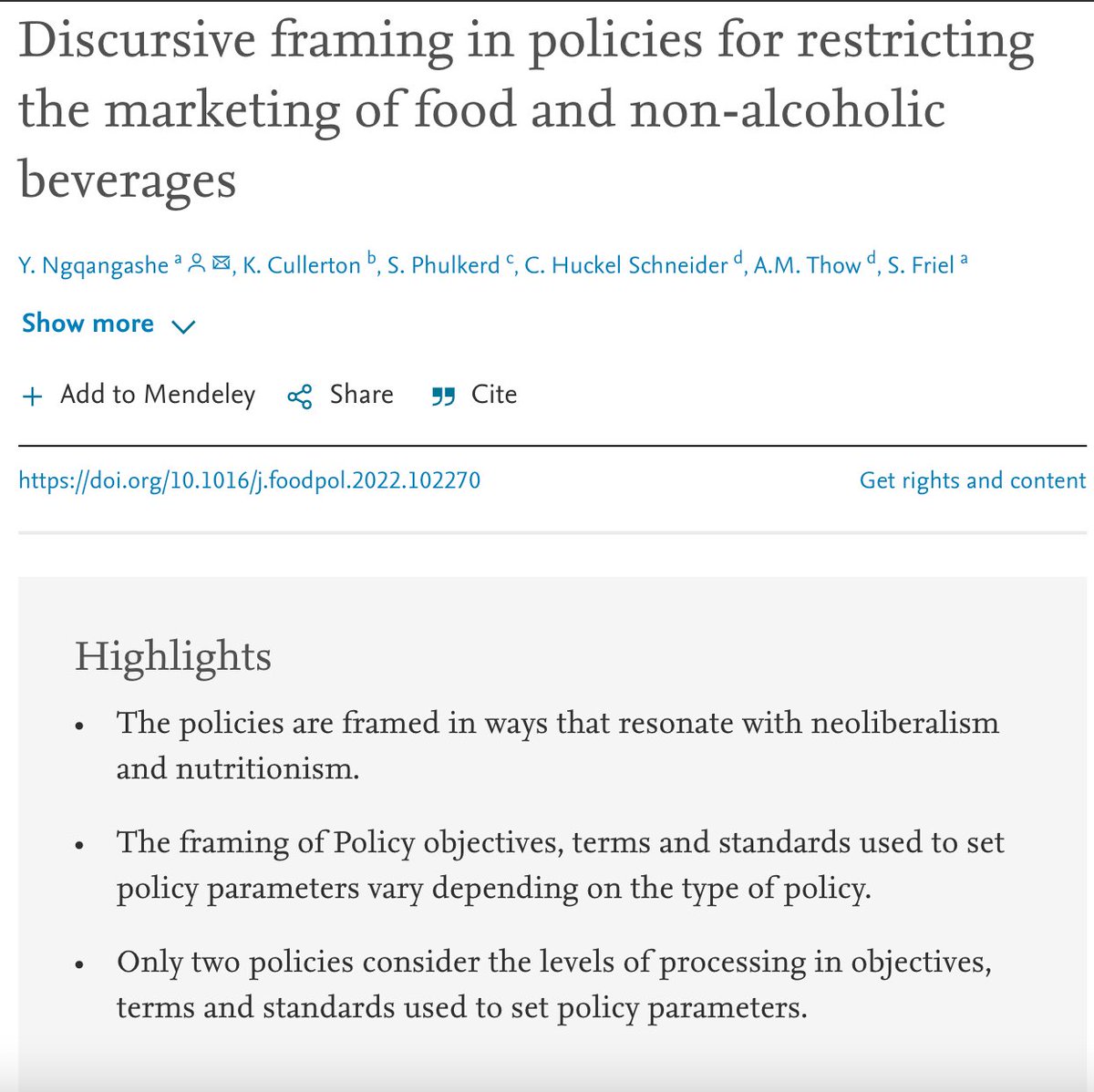 Congrats to <a href="/YNgqangashe/">Yaya</a> for leading this important paper examining discourses that shape policies for regulating unhealthy food &amp; beverages marketing sciencedirect.com/science/articl…