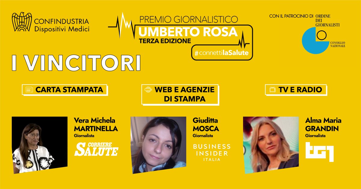 ConfindustriaDM's tweet photo. Scopri i vincitori del Premio “Umberto Rosa”:
📰 Carta stampata: Vera Michela Martinella, Giornalista @Corriere_Salute 

🌐 Web e agenzie di stampa: Giuditta Mosca, Giornalista @BusinessInsider Italia

📺 Tv e radio: Alma Maria Grandin, Giornalista Rai Radio Televisione Italiana https://t.co/i91rO8wcWf