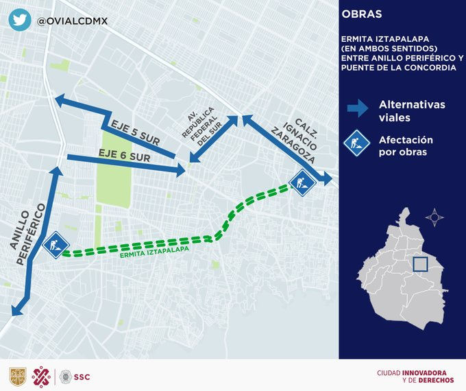 OVIALCDMX's tweet photo. #PrecauciónVial | Afectada la circulación por obras en ambos sentidos de Calz. Ermita Iztapalapa entre Anillo Periférico y Puente de la Concordia. Consulta aquí #AlternativaVial 👇🏼👇🏼👇 https://t.co/A4yxFFczYN