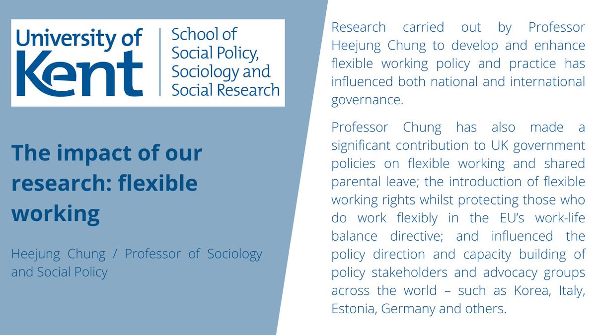 SSPSSR's tweet photo. @HeejungChung’s work, which has exposed the negative impact of flexible working arrangements, has influenced EU policy making to ensure protection for flexible workers against discrimination.  

#REF2021 #ResearchAtKent #ImpactCaseStudy #FlexibleWorking #EUPolicy https://t.co/sD7KNzAf6b