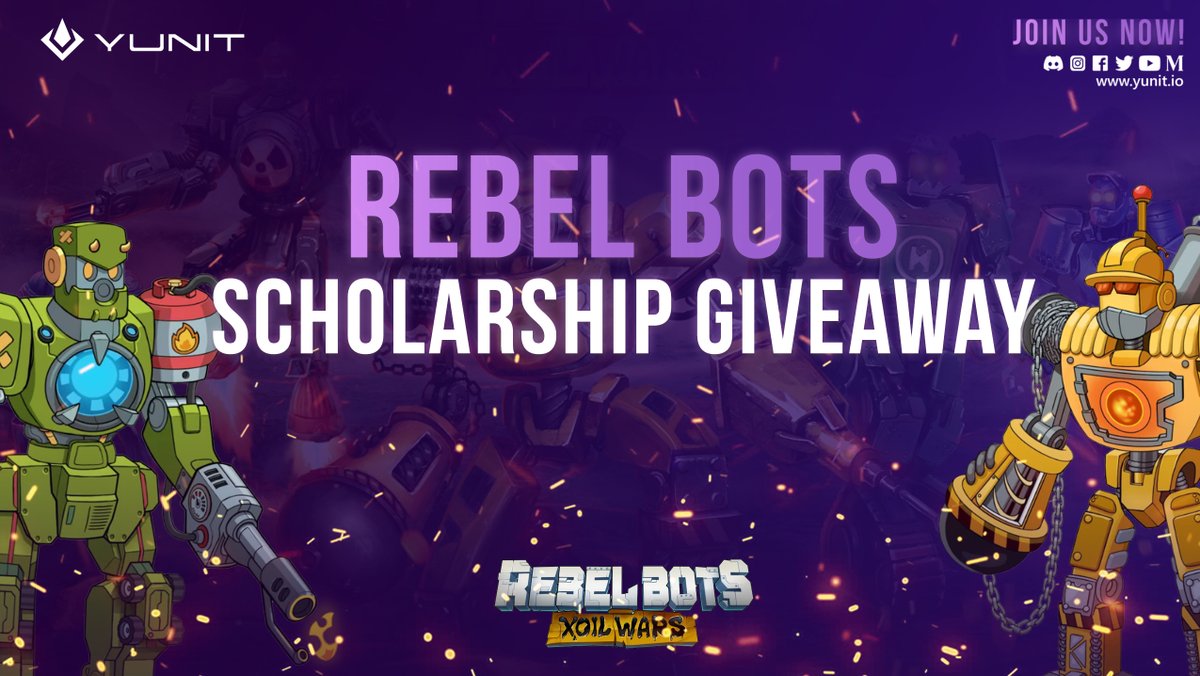 YunitGaming's tweet photo. We are proud to announce our newest scholarship program

REBEL BOTS🤖

To celebrate, we are giving away 🚨 3 SCHOLARSHIPS 🚨

To enter:
✅Like and RT this post
✅Join the Discord - https://t.co/S1Q2G3tdYz
✅Tag 2 friends in the comments

Giveaway ends in 48 hours. Good luck! https://t.co/bbXBi6f7JU