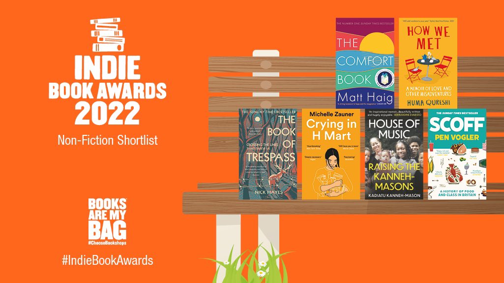 An orange graphic promoting the Non-Fiction Shortlist for the Indie Book Awards 2022. The logo has five stacked books and the text “Indie Book Awards 2022”. There is a bench with six Non-Fiction book jackets and grass and daisies underneath.