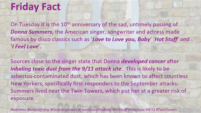 PAGroupUK's tweet photo. #asbestos #FridayFact #DonnaSummers #LovetoLoveyouBaby #IFeelLove #9/11 #TwinTowers https://t.co/9gAyOX3wMm