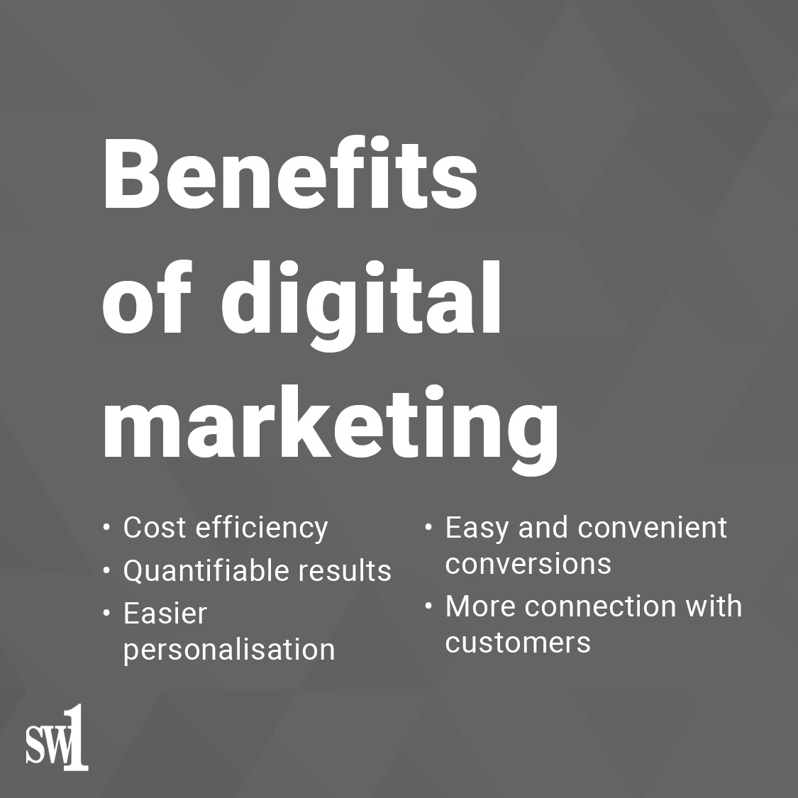 SW1_Marketing's tweet photo. Benefits of digital marketing
💰 Cost efficiency
📊 Quantifiable results
👩🏼 Easier personalisation
💸 Easy and convenient conversions
🧑🏽 More connection with customers https://t.co/ne2ruJVbZW