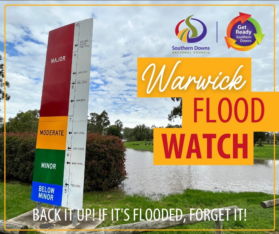 ⚠️WARWICK FLOOD WATCH ⚠️as at 13 May 2022 @ 1.46pm - A peak close to the major flood level (8.2m) for the Condamine River is expected between 6pm and 8pm tonight. Visit Council's Disaster Dashboard for updates👉 disaster.sdrc.qld.gov.au