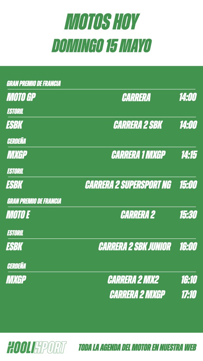 Hoolisport's tweet photo. 🏁CARRERAS DE MOTOS HOY 15 MAYO https://t.co/rWfZxu7yfM
