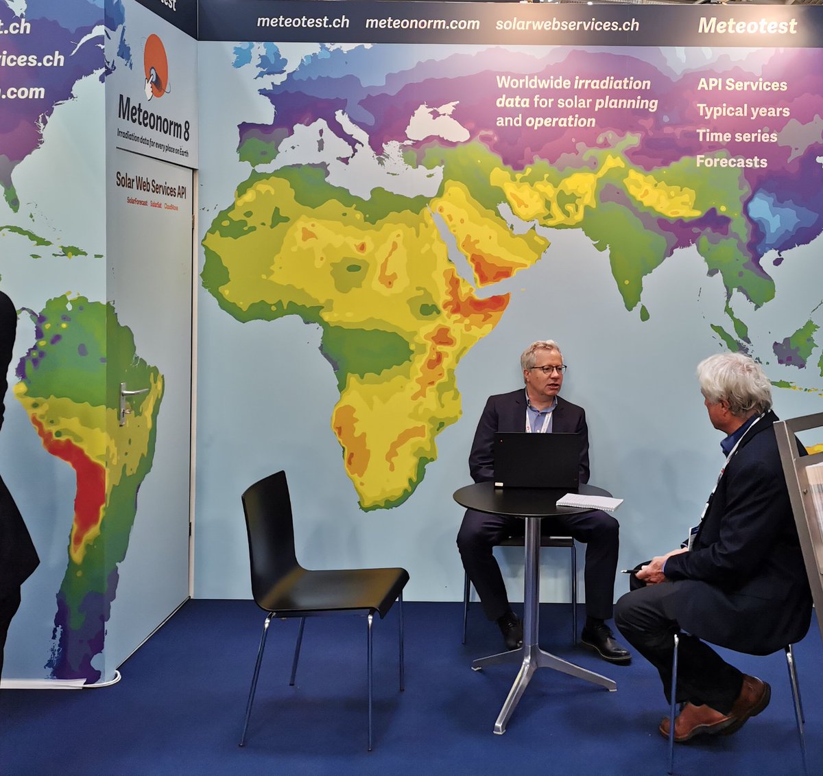 ISES_Solar's tweet photo. The third and final day at @Intersolar and we are meeting our colleagues from @meteotest_bern. Stay tuned for an #ISES_webinar on @IEA_PVPS #Task16 coming your way in August! https://t.co/V9dOl3Wm7d