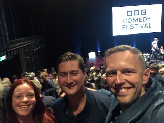 Work night out <a href="/bbccomedy/">BBC Comedy</a> and a selfie with <a href="/gdavies/">Gyimah Davies</a> only in the shot because he's a giant.