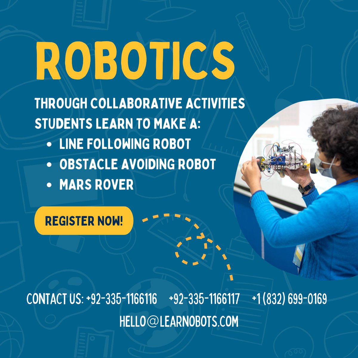 learnobots's tweet photo. Have a look at what we offer in Robotics. Summer camp dates are 1st - 16th June. Register now to avail Early Bird Discount. Hurry up! Limited slots available.
.
.
.
.
.
Contact us at:
USA: +1 (832) 699-0169
PK: +92 335 1166116
hello@learnobots.com

#LearnOBots #Education #STEAM https://t.co/qAVDmh08zM