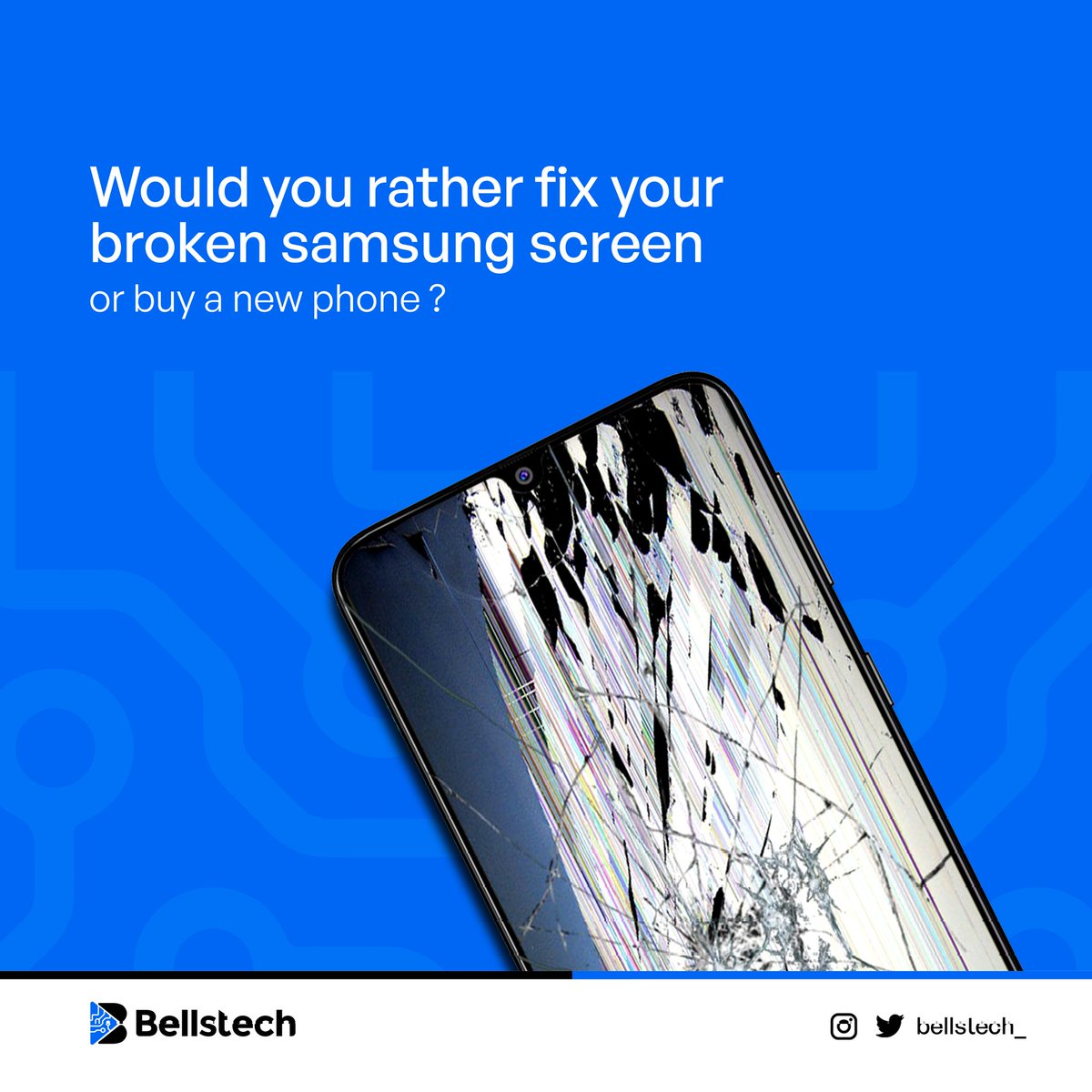 bellstech's tweet photo. We are all aware that the cost of repairing Samsung screens are ridiculously high, so would you rather fix your broken samsung screen or buy a new phone?🤔

#Bellstech #EnhancingDigitalLife #androidphones #Samsung #Samungphones #samsungscreen
#samsungscreenrepair #FridayThe13th https://t.co/EOnpmJDPoF