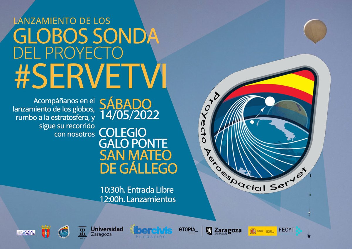 Ibercivis's tweet photo. 🚀¡No queda nada! para los lanzamientos de #ServetVI con los experimentos de 14 centros escolares de toda España 

🗓️ Sábado, 14 de mayo 
🎈 Lanzamientos: 12:00 
📍 Desde Colegio Galo Ponte (San Mateo de Gállego)

#cienciaciudadana 

¿Quieres saber más? ➡️ https://t.co/QUj2sRkK7B https://t.co/lOKHDxvktP