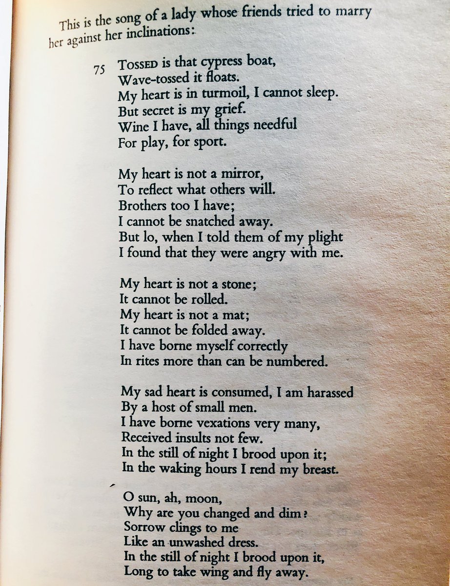 chowleen's tweet photo. My heart is not a mirror
To reflect what others will

My heart is not a stone
It cannot be rolled

My heart is not a mat
It cannot be folded away

我心匪鑑 不可以茹
我心匪石 不可轉也
我心匪席 不可卷也

《邶風·柏舟》from Book of Songs (c. 600 BCE)
t. Arthur Waley #everynightapoem https://t.co/wK5xcAXeZY