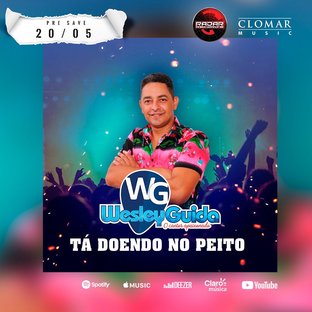 ClomarMusic's tweet photo. Pessoal, mais uma novidade chegando. a música de trabalho de @cantorwesleyguida #tadoendonopeito na plataforma de música preferida para ouvir com exclusividade no dia 20/05 🎧
.
#wesleyguida #radarrecords #clomarmusic 🇧🇷 https://t.co/2lBumQJFEd