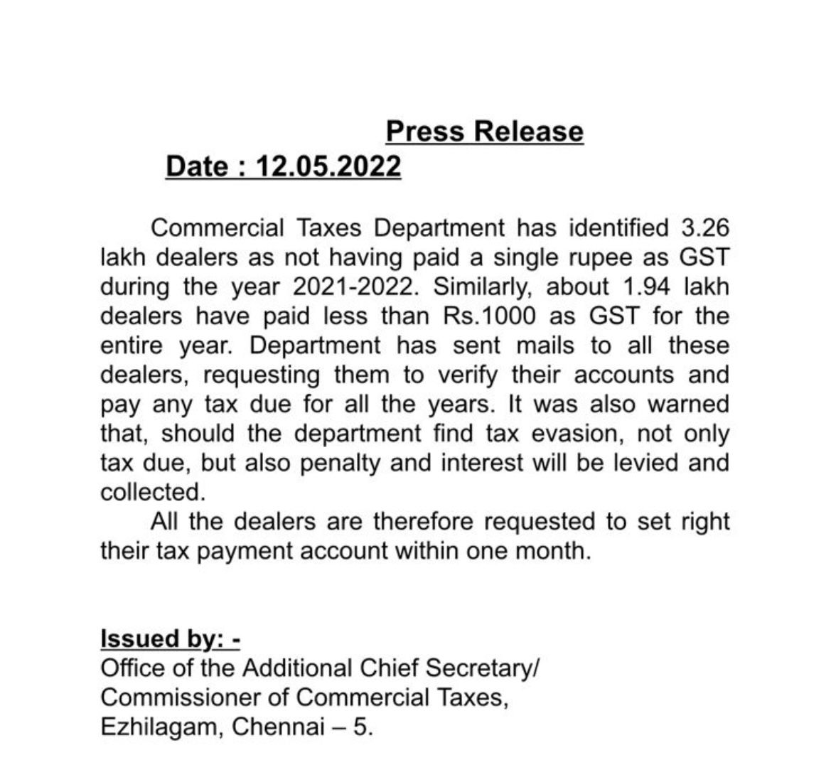 gst_tn's tweet photo. Attention Taxpayers!!
CTD identified 3.26 lakh taxpayers who  have not paid a single rupee as GST and  about 1.94 lakh taxpayers who have paid less than 1000 as GST for the year 2021-22. CTD has warned them to set right their tax payment account within a month ! #TNGST 
@tngstpa https://t.co/QL5cZJX9Yc