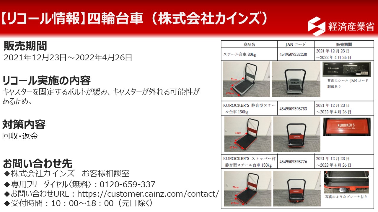 経済産業省 リコール 製品事故情報 製品事故対策室 新規リコール情報 株式会社カインズ 四輪台車 リコール実施理由 キャスターを固定するボルトが緩み キャスターが外れる可能性があるため 対応内容 回収 返金 専用フリーダイヤル 01 経済産業省 リコール 製品事故情報 製品事故対策室 新規リコール情報 株式会社カインズ 四輪台車 リコール実施理由 キャスターを固定するボルトが緩み キャスターが外れる可能性があるため 対応内容 回収 返金 専用フリーダイヤル 01