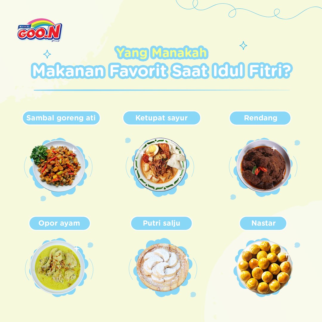GOON_Indonesia's tweet photo. Hi Ma, bagian paling menyenangkan saat Idul Fitri itu selain kita bisa berkumpul bersama dan banyak makanan enak-enak ya ma! Kadang saking bingungnya mau makan yang mana dulu ya.
Nah, ngomong-ngomong makanan lebaran favorit Mama apa nih? Komen yuk ma! https://t.co/W7AEDWXX34
