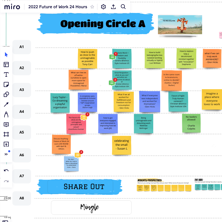 FoW24HRS's tweet photo. Open Space agendas are built live with whoever is present. Here's a little taste of the Future of Work breakout session topics from Circles A, B, and C. Circle D and Circle E are up next running until 13:00UTC! Tune in: https://t.co/SwgPx6JFqT #futureofwork #openspace #fow24hrs https://t.co/PTe26sJuHD