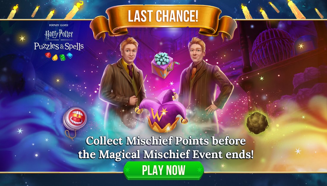 HPPuzzlesSpells's tweet photo. Last chance to be crowned Mischief-Maker-In-Chief! Earn Mischief Points and send Prank Boxes before the event ends!
Send Prank Boxes during #MagicalMischiefEvent NOW ➡️ https://t.co/d9Mfw5M7o5
#HarryPotterPuzzlesAndSpells #Match3 #PrankBox #MischiefMakerInChief https://t.co/n50rFsr4ae